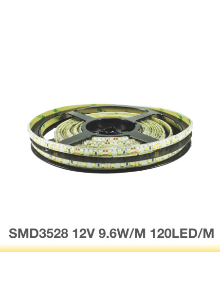 Tira LED SMD3528 IP68, 12V 9.6W/m, Cálido 800 lm/m, 120 LED/m, 5m