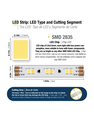 Tira LED SMD2835, 12V 8W/m Mix Frío-Cálido 880lm/m 120 LED/m, 5m