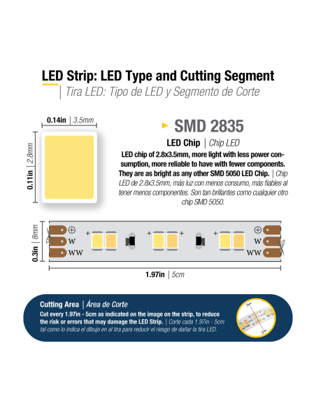 Tira LED SMD2835, 12V 8W/m Mix Frío-Cálido 880lm/m 120 LED/m, 5m