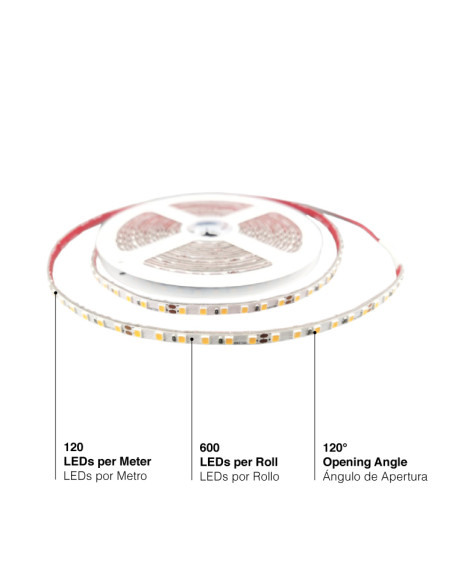 Tira LED SMD2835, 24V 12W/m de luz blanco calido, 1200 lm/m, 120 LEDs/m, 5m