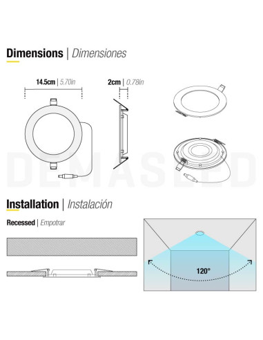 Panel LED redondo blanco de 14.5cm 9W 630lm para empotrar
