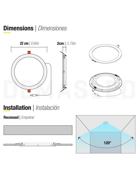 Panel LED redondo blanco de 22cm, 18W 1500lm, de empotrar