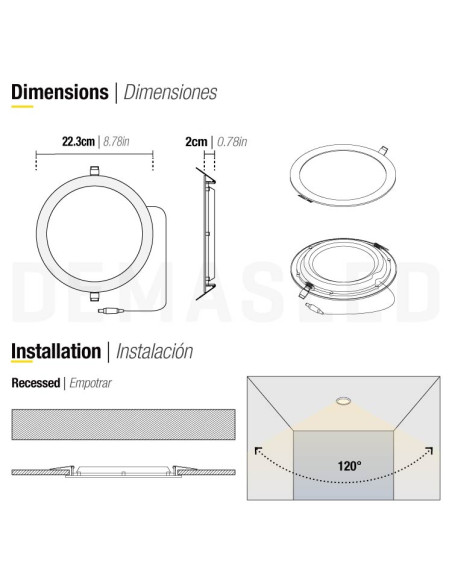 Panel LED redondo blanco de 22cm, 18W 1500lm, de empotrar