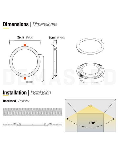 Panel LED redondo blanco de 22cm, 18W 1500lm, de empotrar