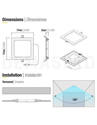 Panel LED cuadrado blanco de 17x17cm 12W 900lm, de empotrar