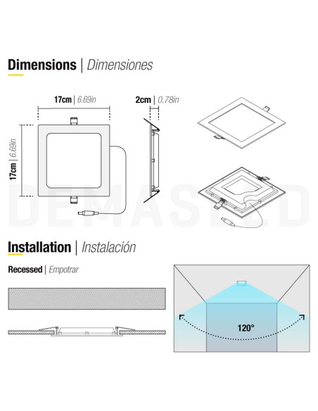 Panel LED cuadrado blanco de 17x17cm 12W 900lm, de empotrar