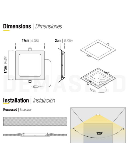 Panel LED cuadrado blanco de 17x17cm 12W 900lm, de empotrar