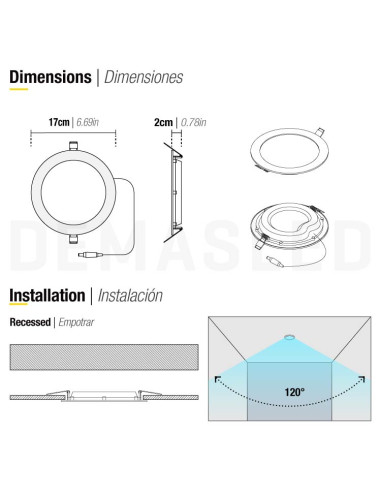 Panel LED redondo blanco de 17cm, 12W 900lm Frío, de empotrar