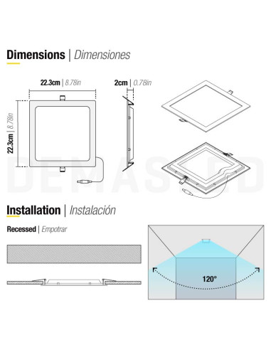Panel LED cuadrado blanco, 22.3x22.3cm 18W 1440lm, empotrar