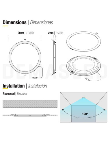 Panel LED redondo blanco de 30cm, 24W 1920lm, de empotrar