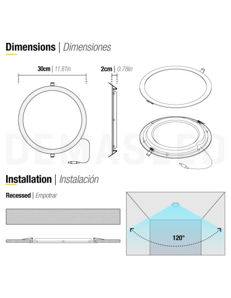 Panel LED redondo blanco de 30cm, 24W 1920lm, de empotrar
