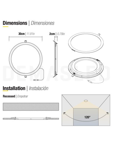 Panel LED redondo blanco de 30cm, 24W 1920lm, de empotrar