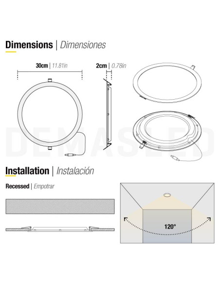 Panel LED redondo blanco de 30cm, 24W 1920lm, de empotrar