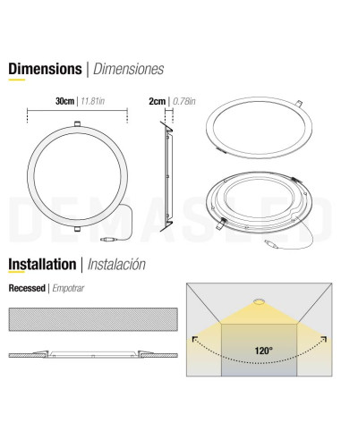 Panel LED redondo blanco de 30cm, 24W 1920lm, de empotrar