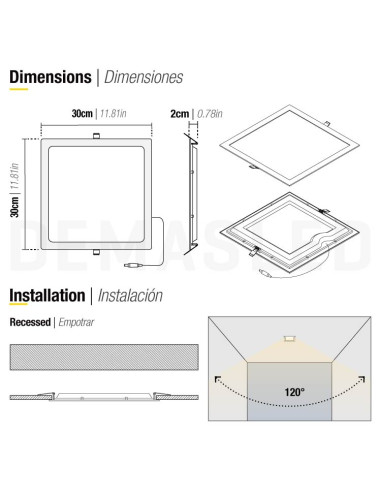 Panel LED cuadrado blanco de 30x30cm, 24W 1920lm, empotrar