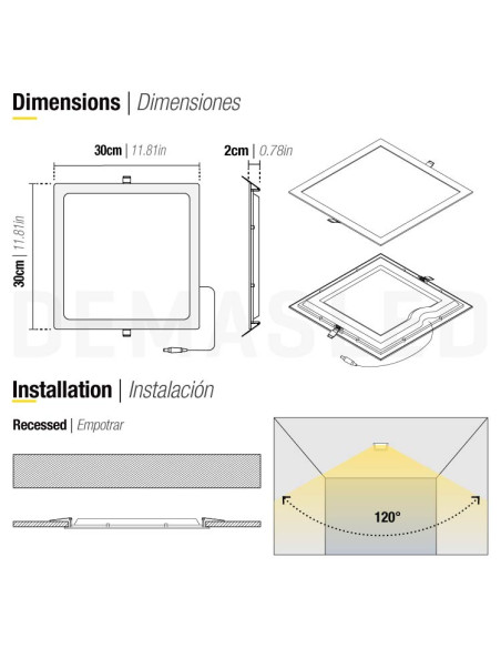 Panel LED cuadrado blanco de 30x30cm, 24W 1920lm, empotrar