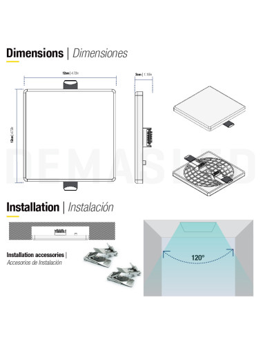 Panel LED cuadrado AJUSTABLE de 12x12cm 12W 1020lm, Empotrar