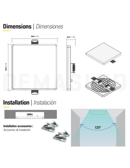Panel LED cuadrado AJUSTABLE de 12x12cm 12W 1020lm, Empotrar