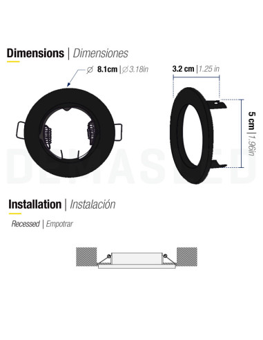 Aro Metálico Fijo 8cm Corte 4.8cm para lámpara GU10 y MR16