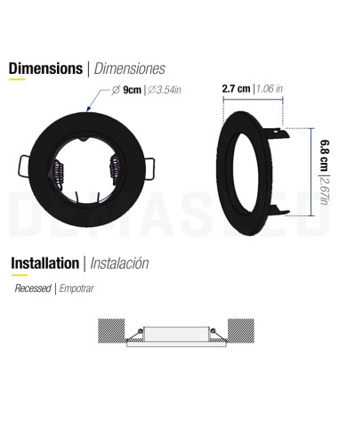 Aro Móvil 9.3cm Corte 6.5cm para lampara GU10 y MR16