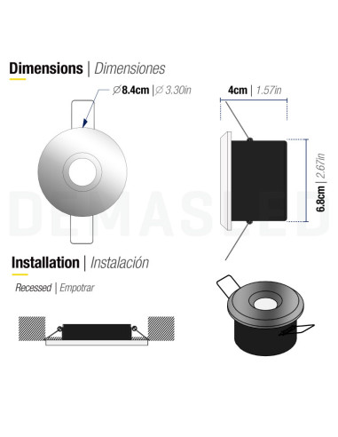 Aro Fijo 8.4cm Corte 6.8cm para lampara GU10 y MR16