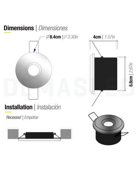 Aro Fijo 8.4cm Corte 6.8cm para lampara GU10 y MR16