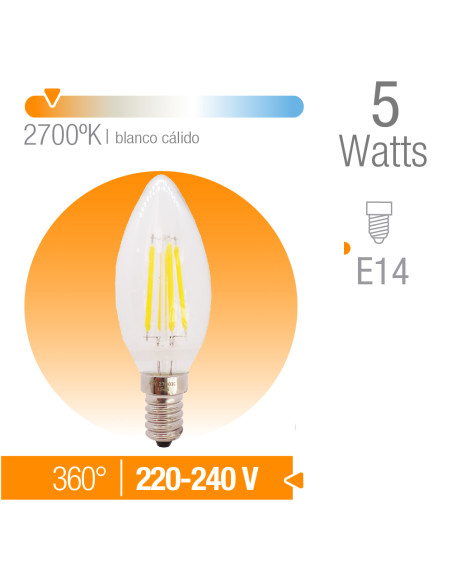 Bombilla E14 C37 vela filamento 5W blanco cálido