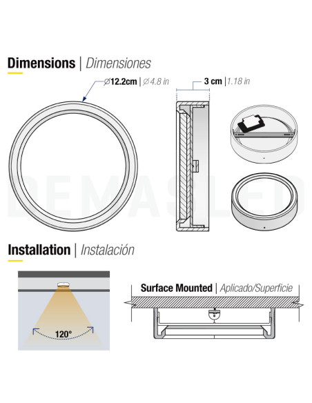 Plafón LED redondo blanco de 12cm, 6W 390lm, aplicar