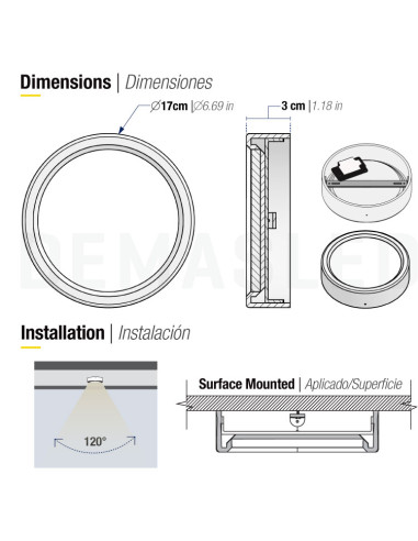 Plafón LED redondo blanco de 17cm 12W 900lm de aplicar