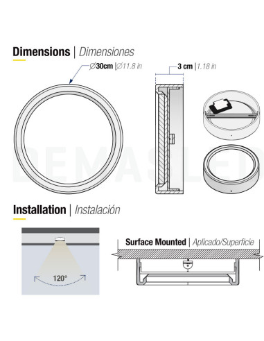 Plafón LED redondo blanco de 30cm, 24W 1920lm, de aplicar