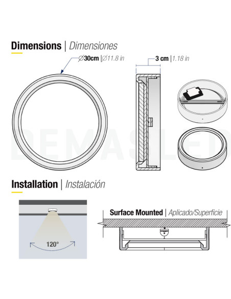 Plafón LED redondo blanco de 30cm, 24W 1920lm, de aplicar