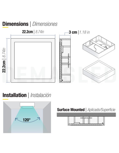 Plafón LED cuadrado de superficie 18W 1440lm 22x22cm 100-240V