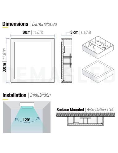 Plafón LED cuadrado blanco de 30x30cm, 24W 1920lm, de aplicar