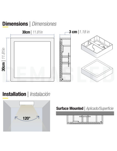 Plafón LED cuadrado blanco de 30x30cm, 24W 1920lm, de aplicar