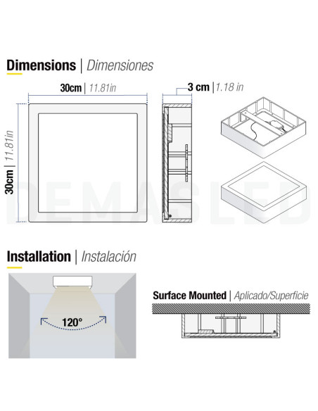 Plafón LED cuadrado blanco de 30x30cm, 24W 1920lm, de aplicar