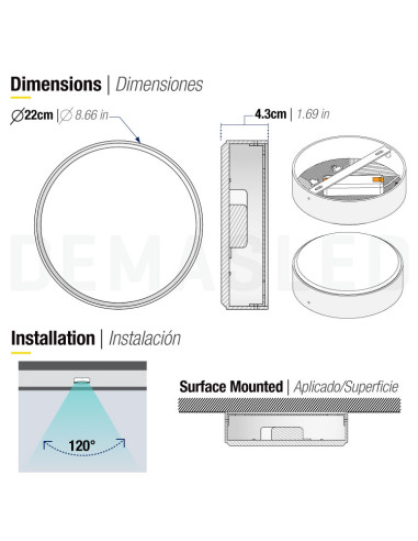 Plafón LED redondo FRAMELESS de 22cm, 42W 3570lm, de aplicar