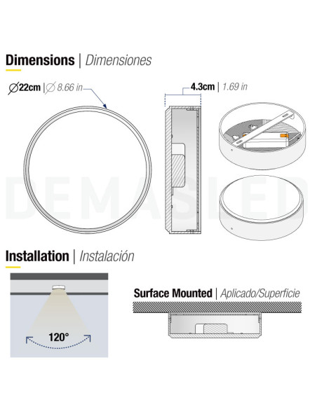 Plafón LED redondo FRAMELESS de 22cm, 42W 3570lm, de aplicar