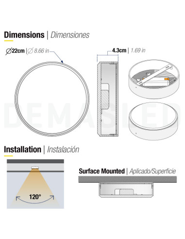 Plafón LED redondo FRAMELESS de 22cm, 42W 3570lm, de aplicar