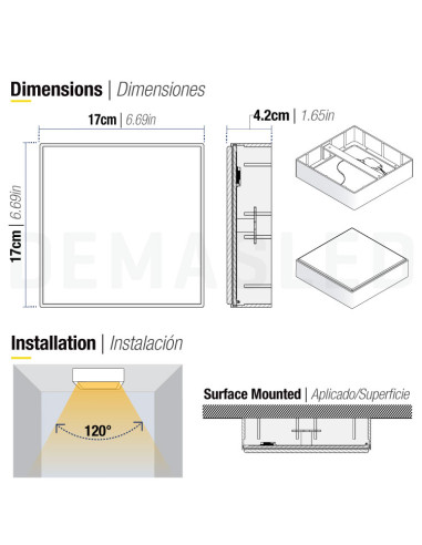 Plafón LED cuadrado FRAMELESS de 17x17cm 22W 1870lm, Aplicar