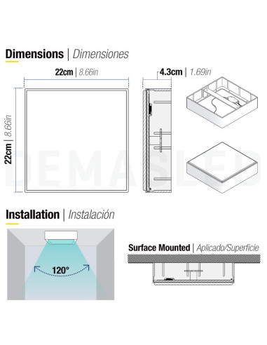 Plafón LED cuadrado FRAMELESS de 22x22cm, 42W 3570lm, Aplicar
