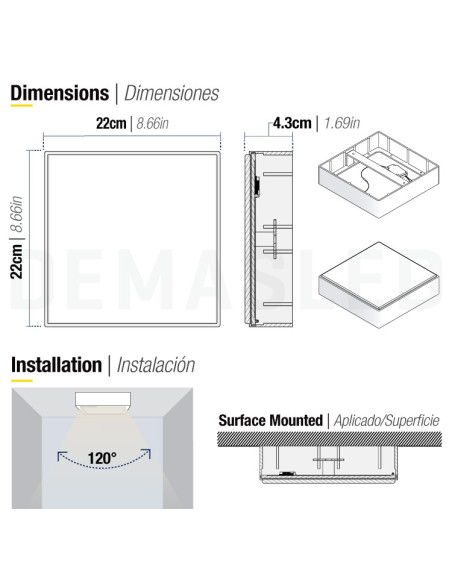 Plafón LED cuadrado FRAMELESS de 22x22cm, 42W 3570lm, Aplicar