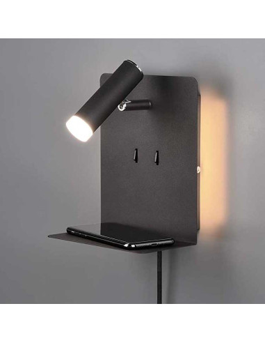 Aplique con foco de lectura negro con puerto USB