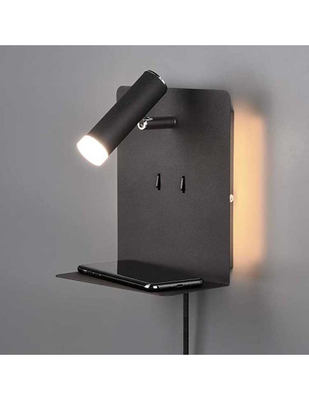 Aplique con foco de lectura negro con puerto USB