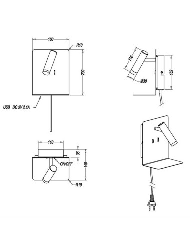 Aplique con foco de lectura negro con puerto USB