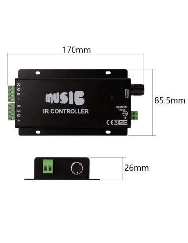Controlador LED MUSIC y Control Remoto IR, RGBW, 12-24V 180W 18A