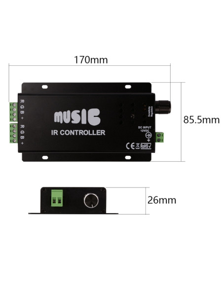 Controlador LED MUSIC y Control Remoto IR, RGBW, 12-24V 180W 18A