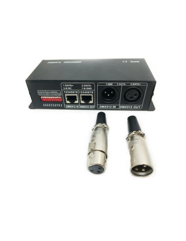 Decodificador DMX-512 RGB PWM, 12-24V 192-348W 16A, 4 canales