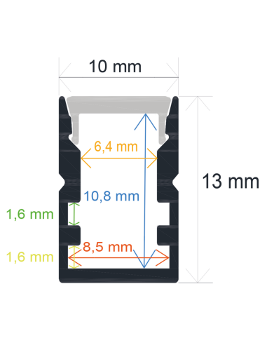 Perfil Fino 10 mm x 13 mm de aluminio anodizado de superficie 2m