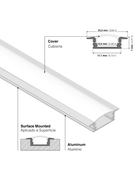 Perfil de Aluminio de EMBUTIR 17x7mm, Cover Opal, 2m