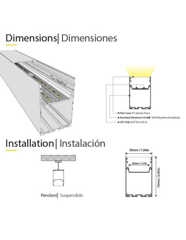 Perfil de Aluminio LINEAR Blanco 75x50mm, Cover Opal, 2m